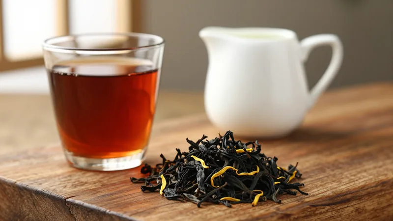 Dark, malty black tea in a glass beside a small pile of tightly rolled golden-tipped Assam leaf on a wooden board