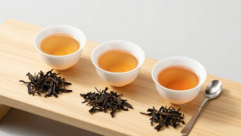 Three white tasting cups of black tea liquor in graded shades from pale gold to deep copper, with small mounds of dry leaf in front of each