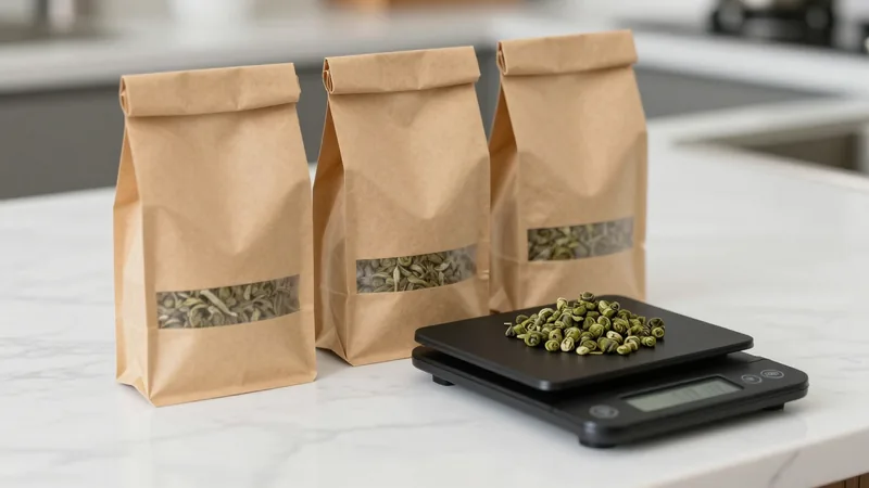 Three small paper bags of loose tea, unlabeled, standing beside a digital kitchen scale holding a few grams of rolled oolong leaves