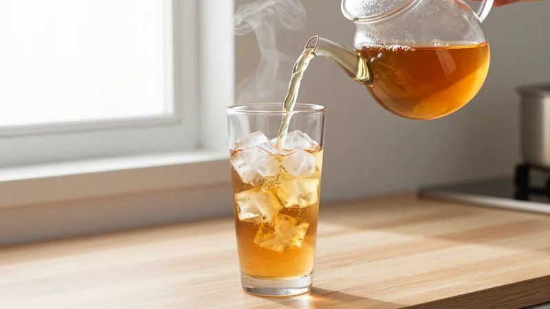 Hot amber tea pouring from a glass teapot into a tall glass packed with ice cubes on a wooden counter
