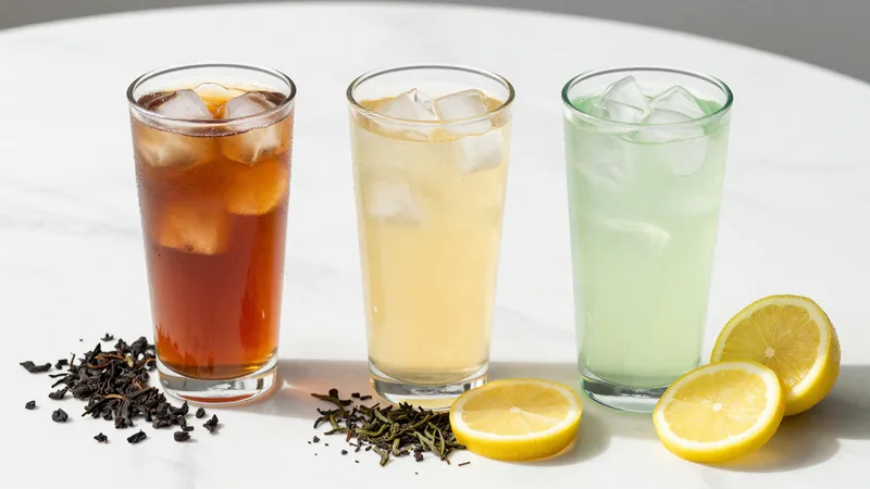 Three tall glasses of iced tea in amber, pale gold and green on a sunny table with lemon slices and loose leaves beside them