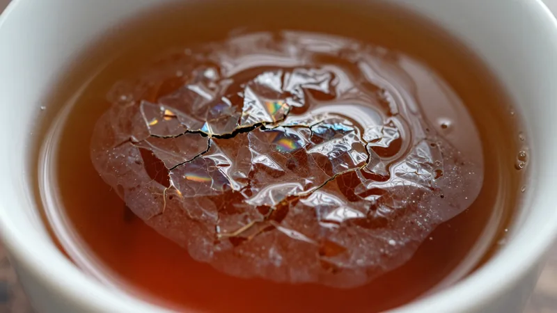 Close-up of the surface of a cup of black tea in a white mug with a thin, wrinkled, slightly iridescent film floating on top
