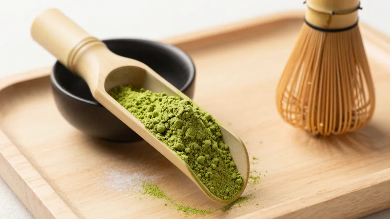 Bamboo scoop holding bright green matcha powder beside a black ceramic tea bowl and a bamboo whisk on a wooden tray