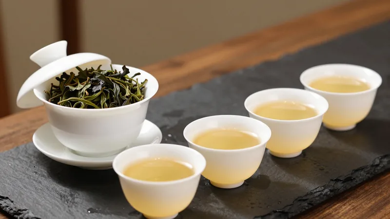 Porcelain gaiwan with open rolled oolong leaves next to a row of small white cups holding tea of slightly different shades