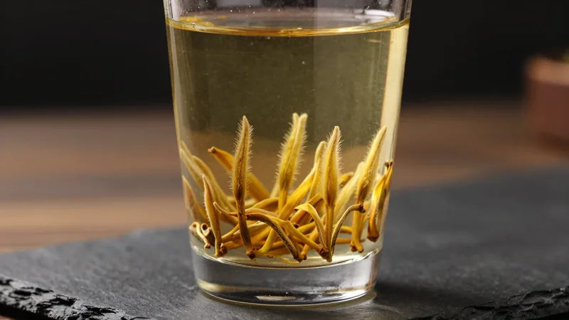 Golden-yellow Junshan Yinzhen buds standing upright in a tall clear glass of tea