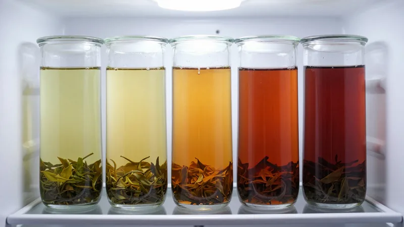 Five clear glass jars of cold-steeping tea in a refrigerator door shelf, ranging from pale green to amber to deep red, loose leaves settled at the bottom