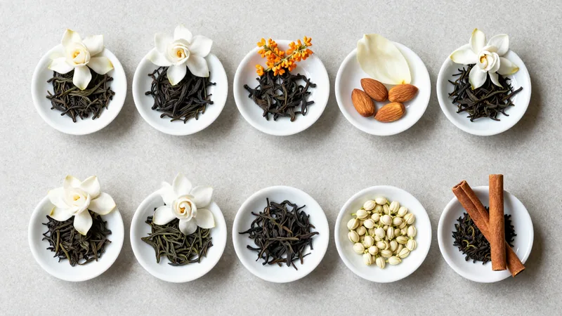 Ten small white porcelain dishes of twisted dark dancong oolong leaves arranged in two rows on a pale stone counter, each beside a matching flower or spice: gardenia, orchid, osmanthus, magnolia, almonds, ginger flower, jasmine and cinnamon bark