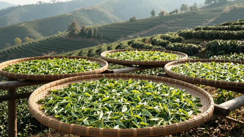 Long strip-shaped dancong oolong leaves spread to wither on round woven bamboo trays in soft sun on a terraced mountainside tea farm