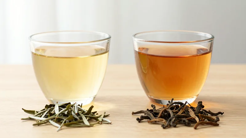 Two glass cups side by side on a wooden table, one with pale golden first flush tea and one with deeper amber second flush tea, small piles of dry leaf in front of each