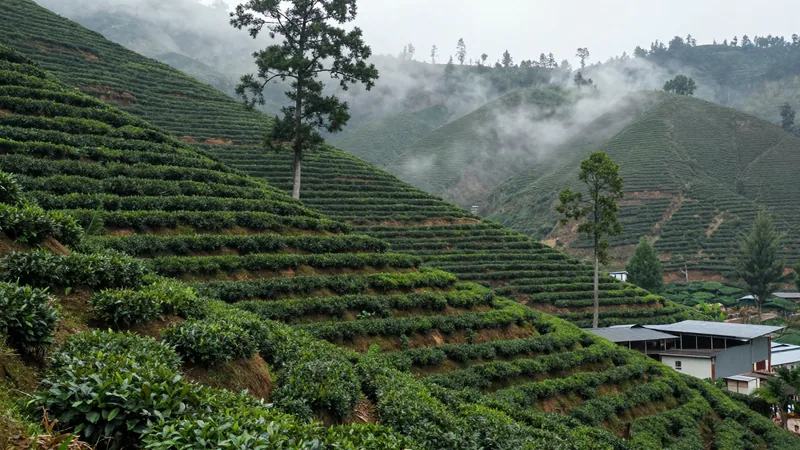 Steep terraced tea bushes on a misty Himalayan hillside with a corrugated-roof factory building lower on the slope