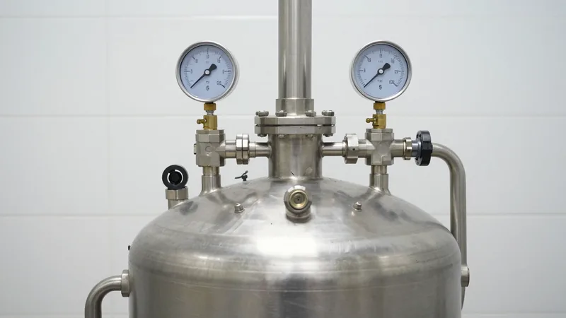 Brushed stainless steel pressure vessel with two round gauges and welded pipe fittings in a clean, brightly lit processing room