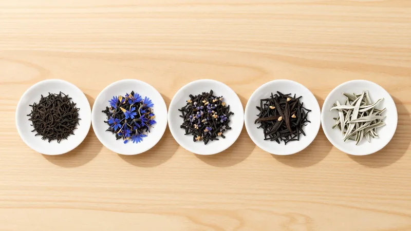 Five small dishes of loose Earl Grey tea in a row, from plain black leaf to leaf flecked with blue cornflower petals and lavender buds