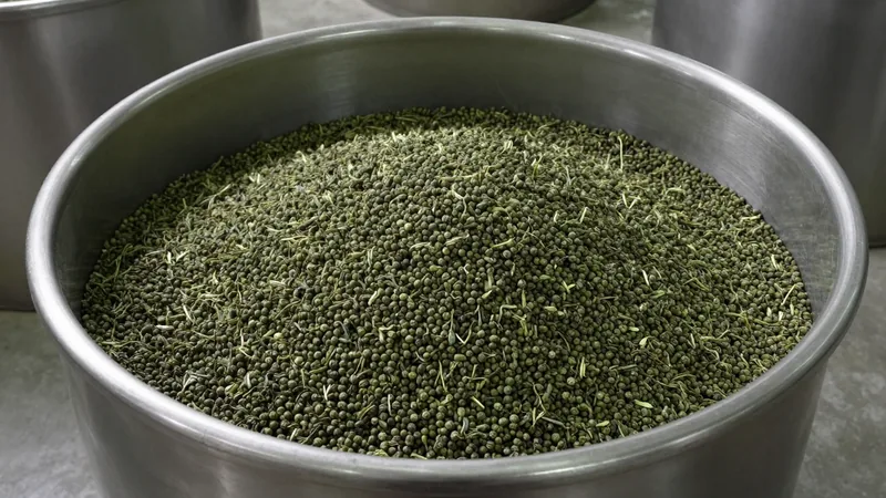 Rolled green oolong leaves heaped inside an open stainless steel drum on a factory floor, cool industrial light on the brushed metal