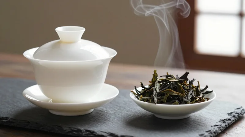 A white gaiwan of pale gold oolong tea beside a small dish of tightly rolled dark green oolong leaves on a slate tray