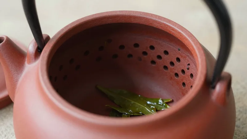 Looking down into an unglazed red clay teapot, showing a fine perforated clay filter behind the spout