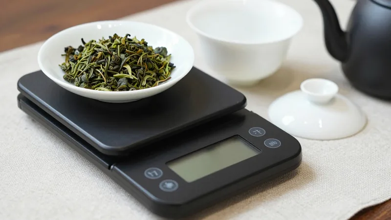 Small digital scale holding rolled oolong leaves in a ceramic dish next to an empty gaiwan and a gooseneck kettle