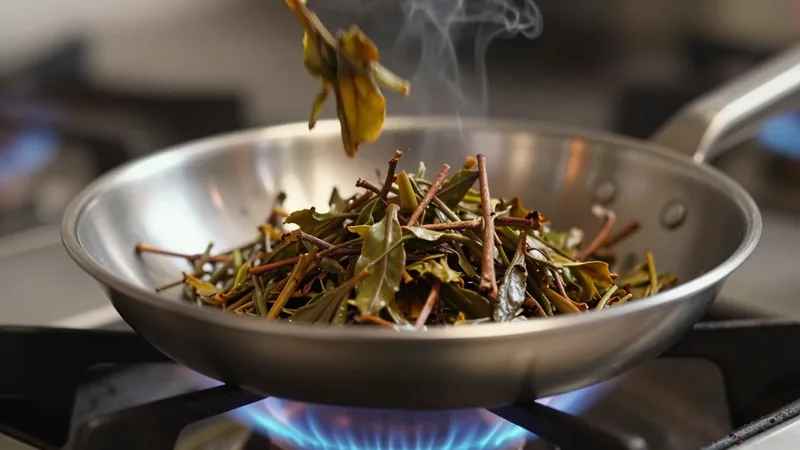 Brown roasted hojicha leaves and twigs tumbling in a shallow steel roasting pan over a gas flame, with a wisp of smoke