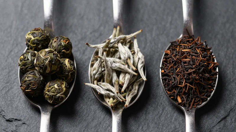 Three identical steel teaspoons on a dark slate surface, one heaped with tightly rolled green oolong balls, one with long fluffy silver-white tea buds, one with fine dark granules of CTC black tea