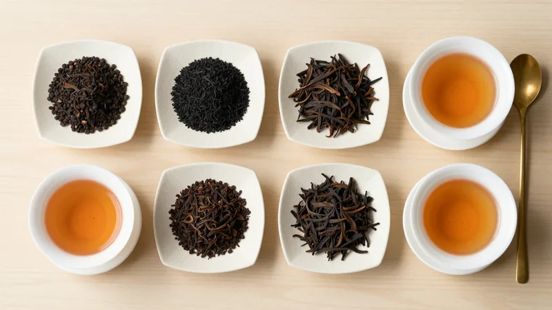 Overhead view of a tea broker's sample table: paper sample trays of black CTC granules and broken orthodox leaf next to white tasting bowls of copper-colored tea