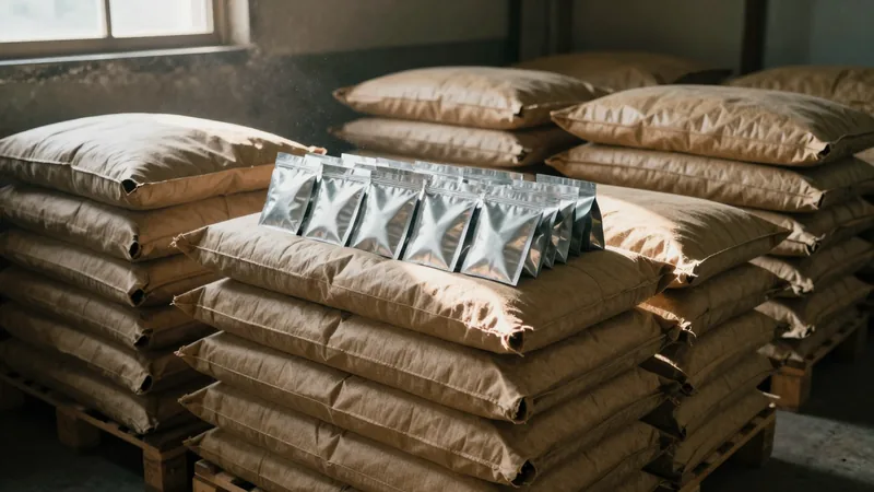 Stacked multi-wall paper sacks of black tea on wooden pallets in a dim warehouse, a single row of small foil sample bags lined up on top