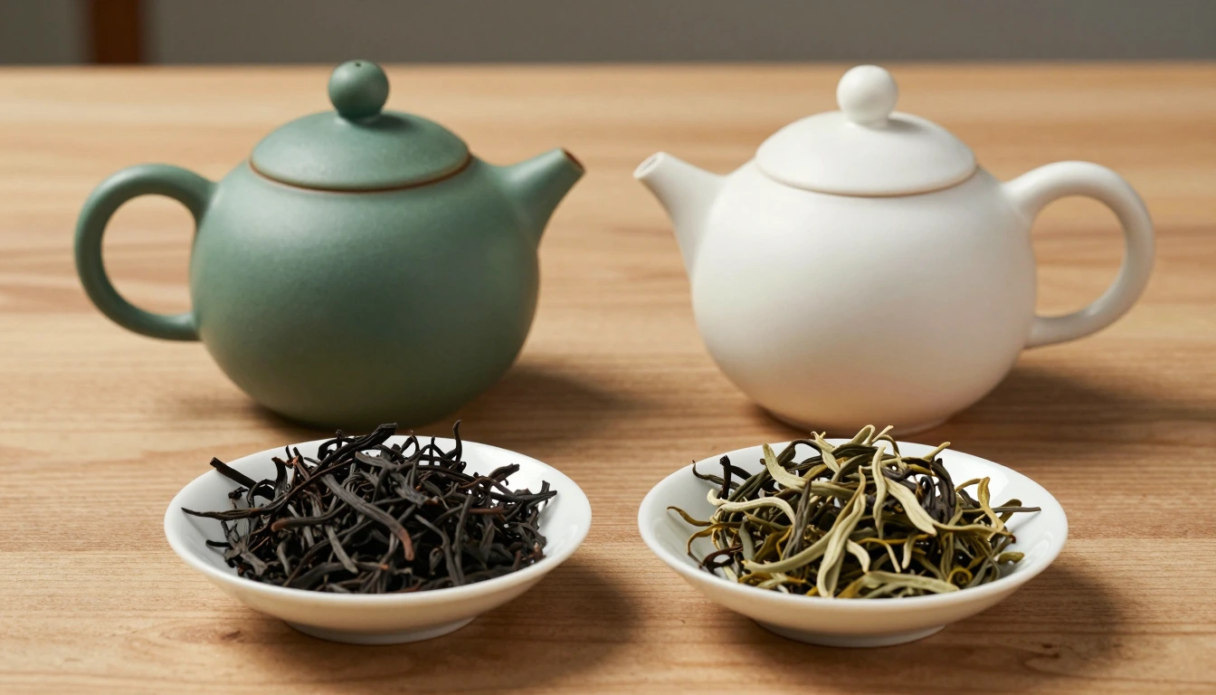Two teapots beside separate dishes of dark tea leaves and delicate twisted leaves