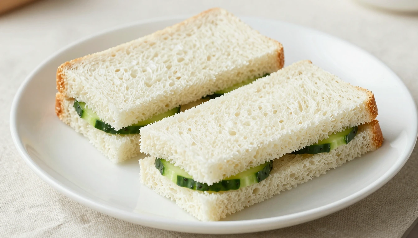Two closed cucumber finger sandwiches on a plain white plate