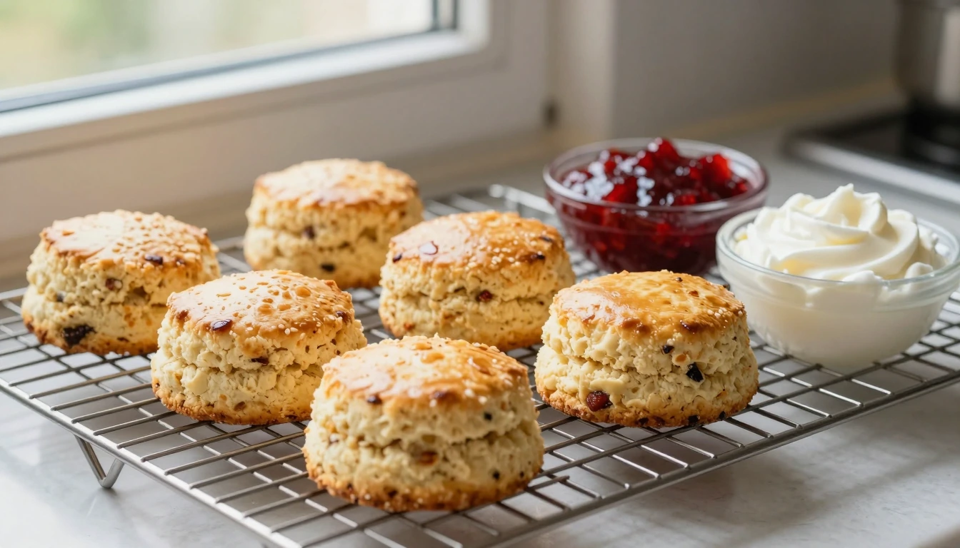 Golden scones on a cooling rack with jam and cream in separate bowls