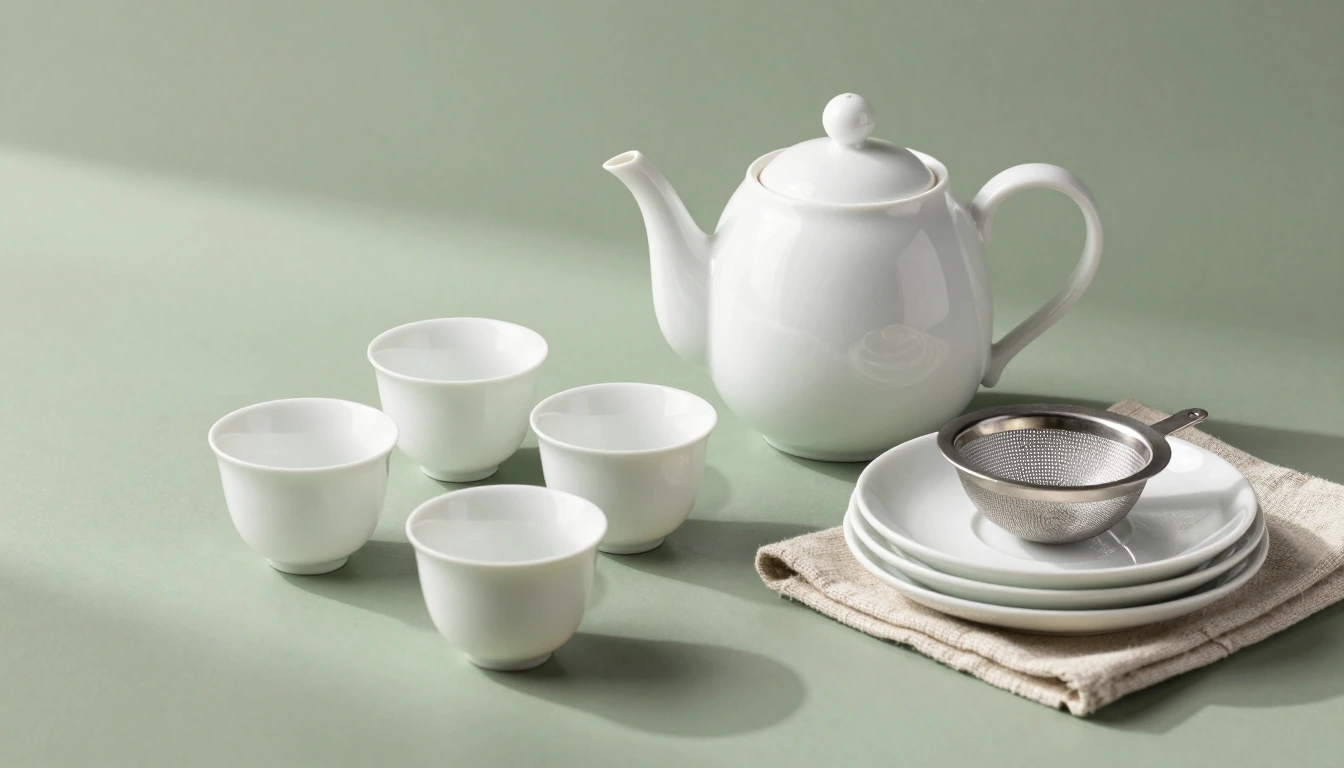 A tea service arranged with cups, empty plates and a strainer on a saucer