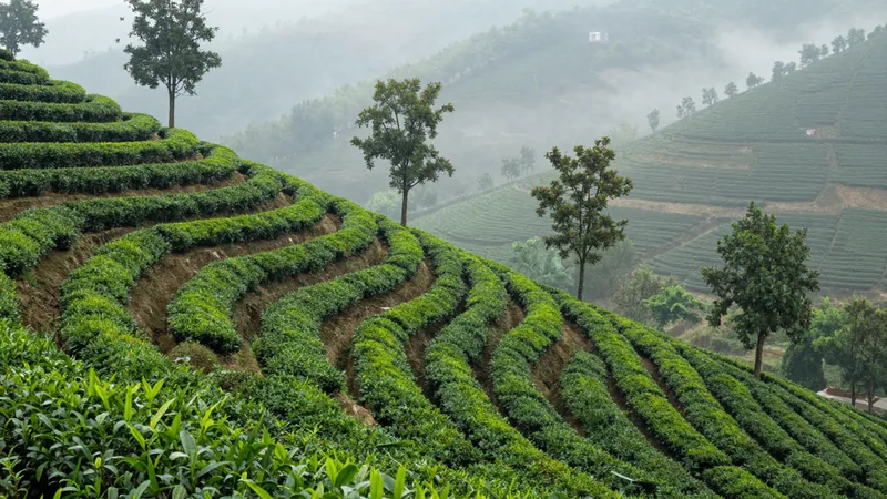 Terraced tea garden on a steep misty hillside at dawn, rows of clipped tea bushes following the contour lines, a narrow footpath between them