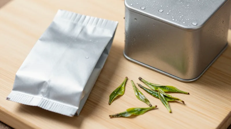 A sealed foil pouch of Japanese green tea resting on a wooden board next to an open freezer-cold metal tin beaded with condensation