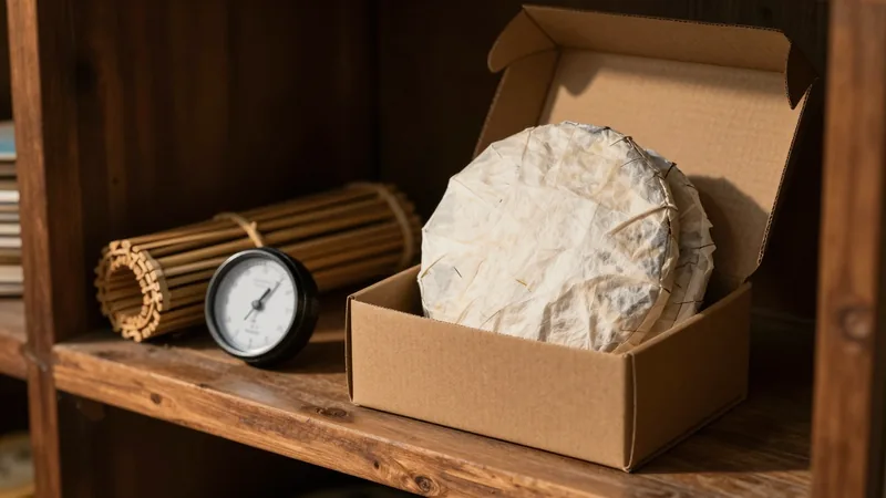 Stacked puer tea cakes wrapped in cotton paper inside an open cardboard box on a wooden shelf, with a small hygrometer beside them