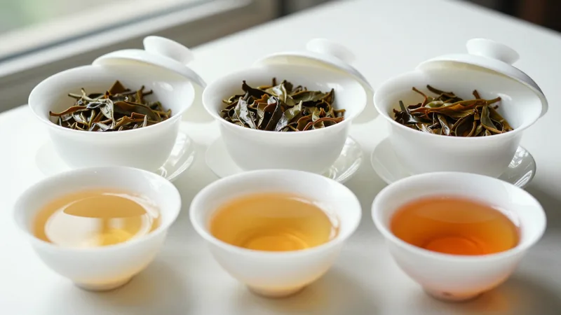 Three white porcelain tasting cups with lids beside three white bowls of tea liquor in pale gold, amber and deep copper on a white counter, with infused leaves resting on the inverted lids