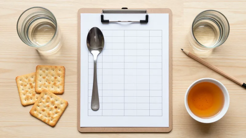 A printed blank grid score sheet on a clipboard next to a large tasting spoon, a glass of water, plain crackers and a small white bowl of amber tea