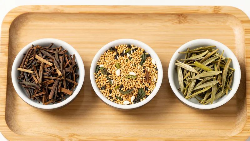 Three small ceramic dishes of Japanese tea leaves on a wooden tray: brown roasted hojicha, green leaf mixed with toasted rice, and pale green stems