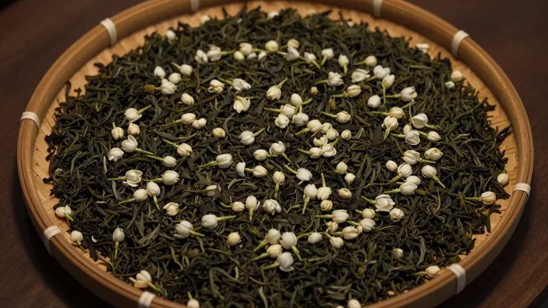 Layer of fresh white jasmine buds spread over dry green tea leaves on a large bamboo tray, lit by low evening light