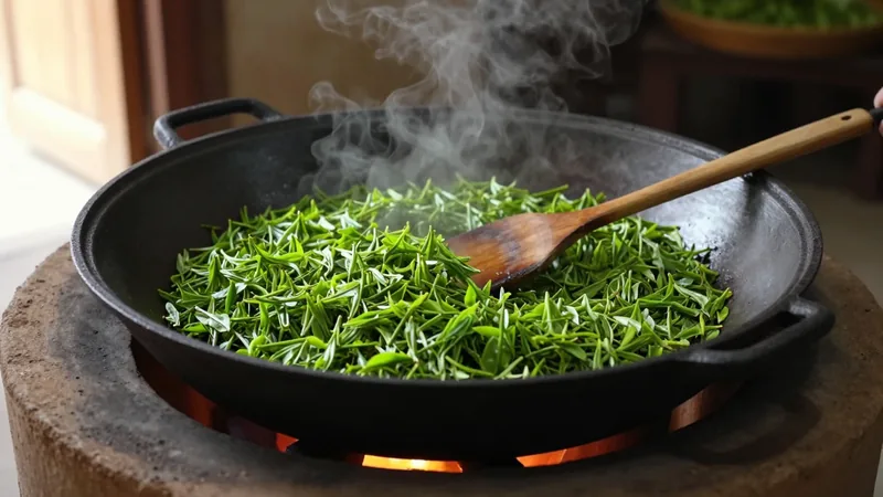 Fresh green tea leaves being tossed with a wooden paddle in a large black iron cauldron over a wood fire, steam rising, in a dim rustic workshop