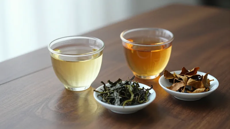 Two clear glass cups on a dark wooden table, one holding pale green-yellow tea and one holding clear amber-orange tea, each with a small dish of its dry leaves beside it