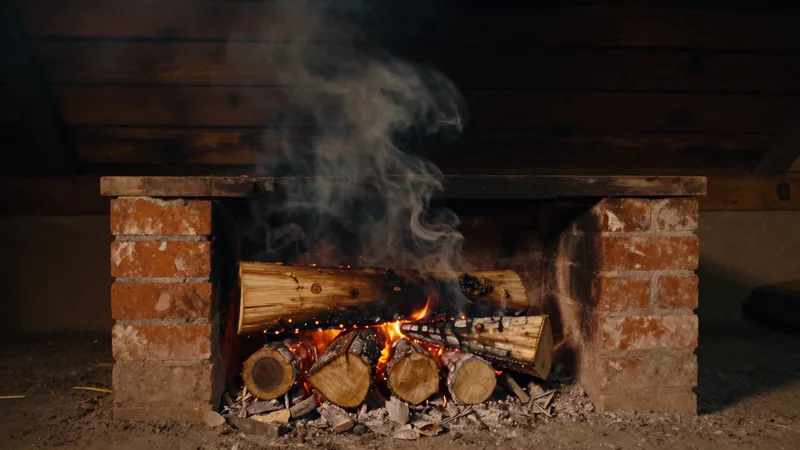 Split pine logs smoldering in a low brick firebox, thin smoke rising toward a slatted wooden floor above