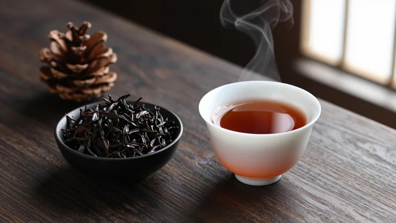 A cup of dark amber smoked black tea beside a small bowl of glossy black twisted tea leaves and a pine cone on dark wood