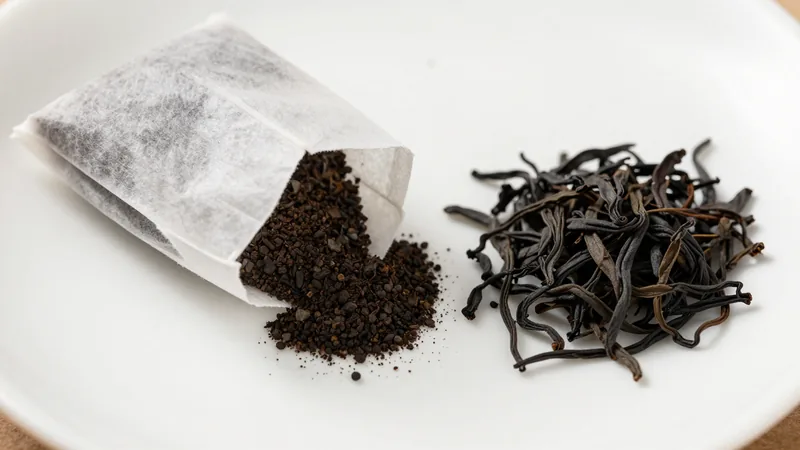 A torn-open paper tea bag spilling fine dark tea particles next to a small pile of long twisted whole black tea leaves on a white plate