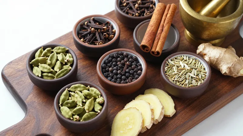 Small bowls of whole green cardamom pods, cloves, black peppercorns, cinnamon sticks, fennel seeds and sliced fresh ginger on a dark wooden board