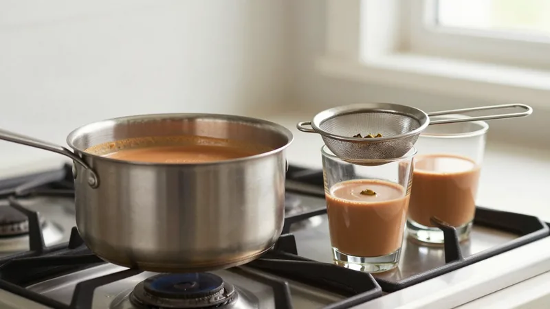 A steel saucepan of milky orange-brown chai with a fine-mesh strainer resting over two short glass tumblers on a stovetop