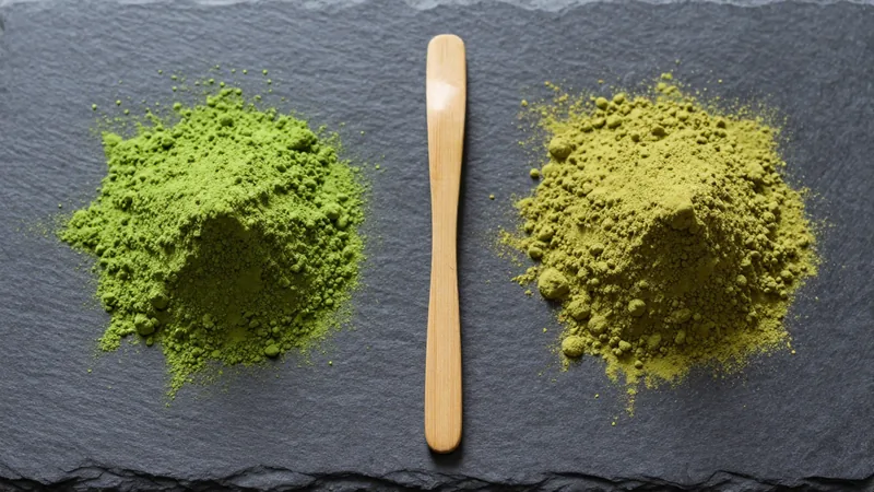 Two small piles of matcha powder on a slate board, one vivid jade green and one dull olive green, with a bamboo scoop between them