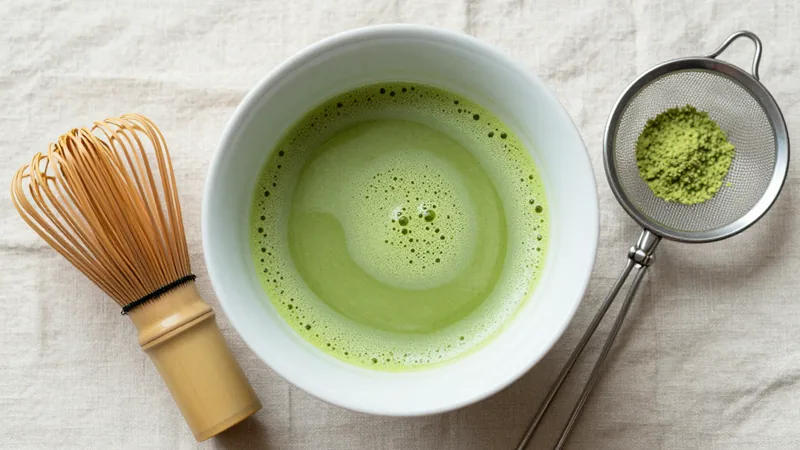 A bamboo whisk resting beside a wide ceramic bowl of bright green whisked matcha with fine foam, a small mesh sieve dusted with green powder