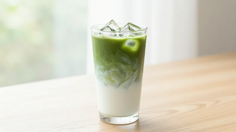 A tall glass of iced matcha latte with a green layer floating over white milk and ice cubes on a light wooden table