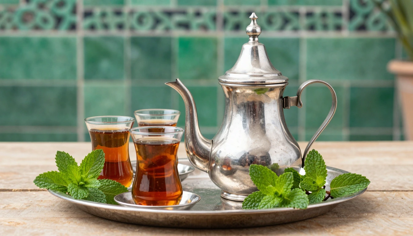 A polished metal teapot and small amber-filled glasses beside fresh mint on an engraved tray