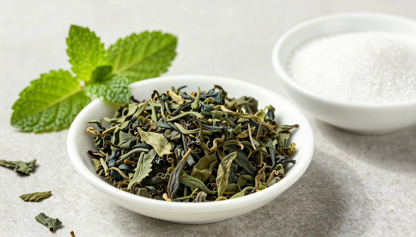 A dish of loose crinkled green tea leaves with fresh mint and white sugar kept separately