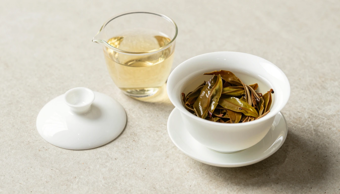 A white gaiwan with its lid set aside, wet tea leaves inside and a clear glass holding pale tea