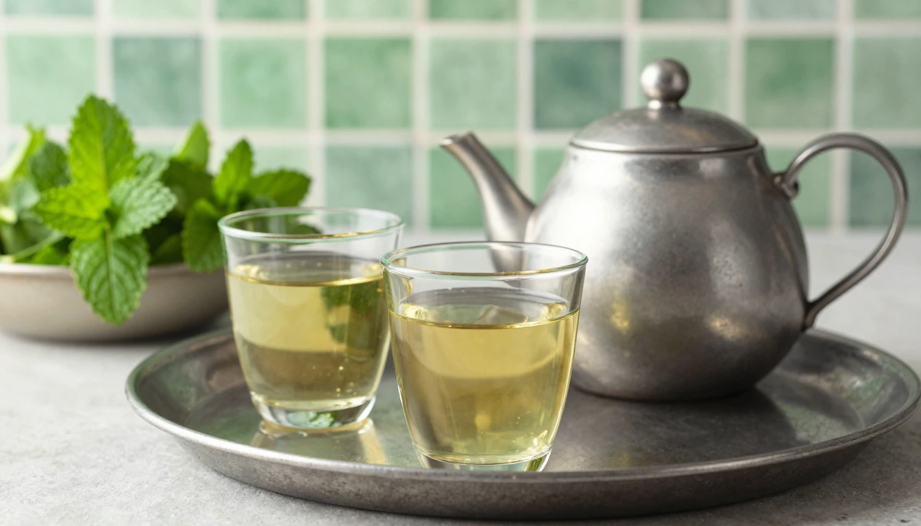 Two small glasses of mint tea with a clean pot and fresh mint in a ceramic bowl