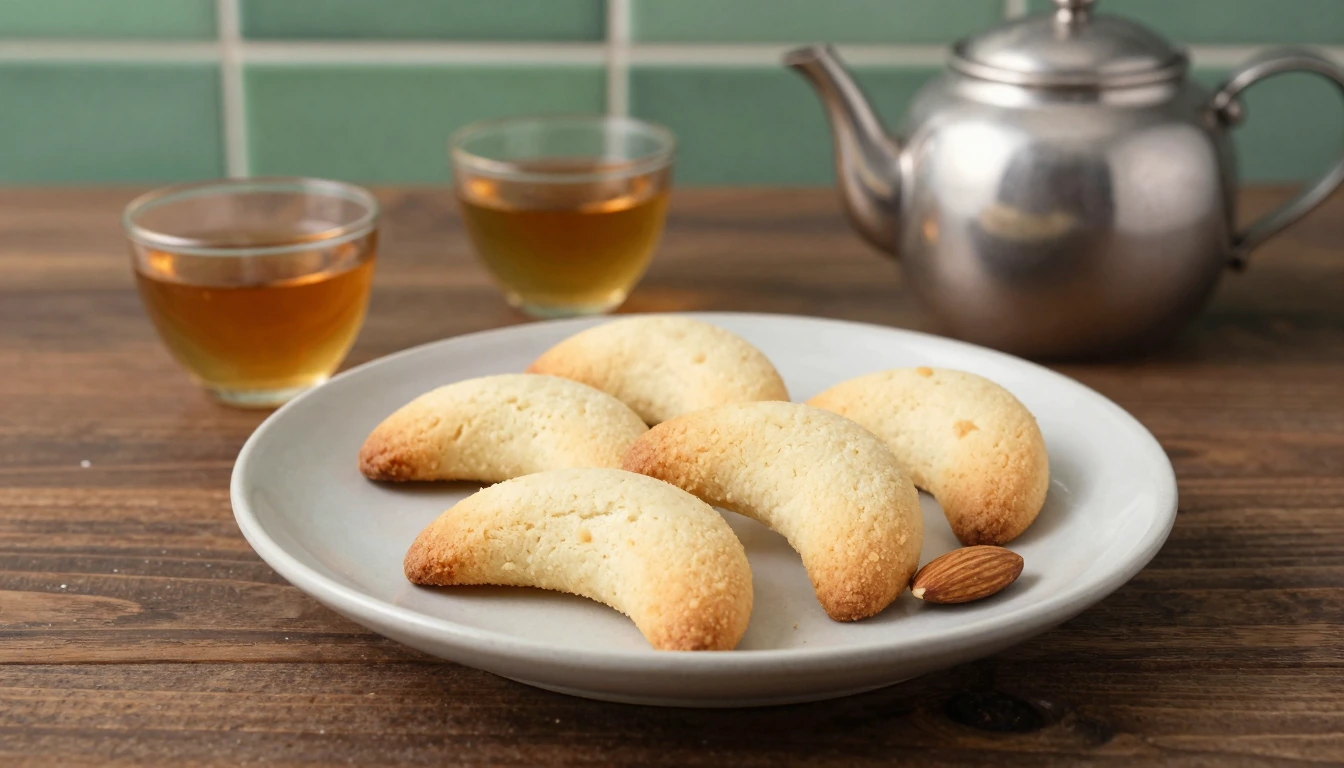 Smooth crescent almond cookies beside small glasses of tea and a silver-colored teapot